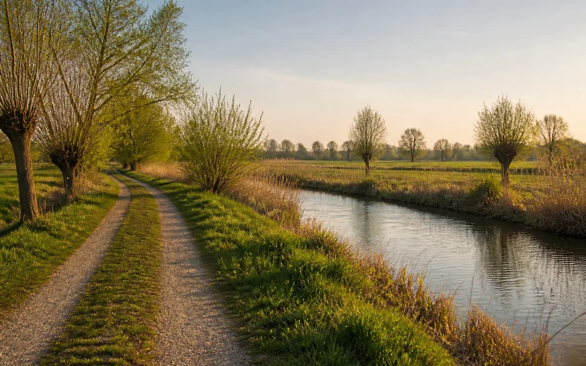 Feldweg an einem ruhigen Wasserlauf im Münsterland