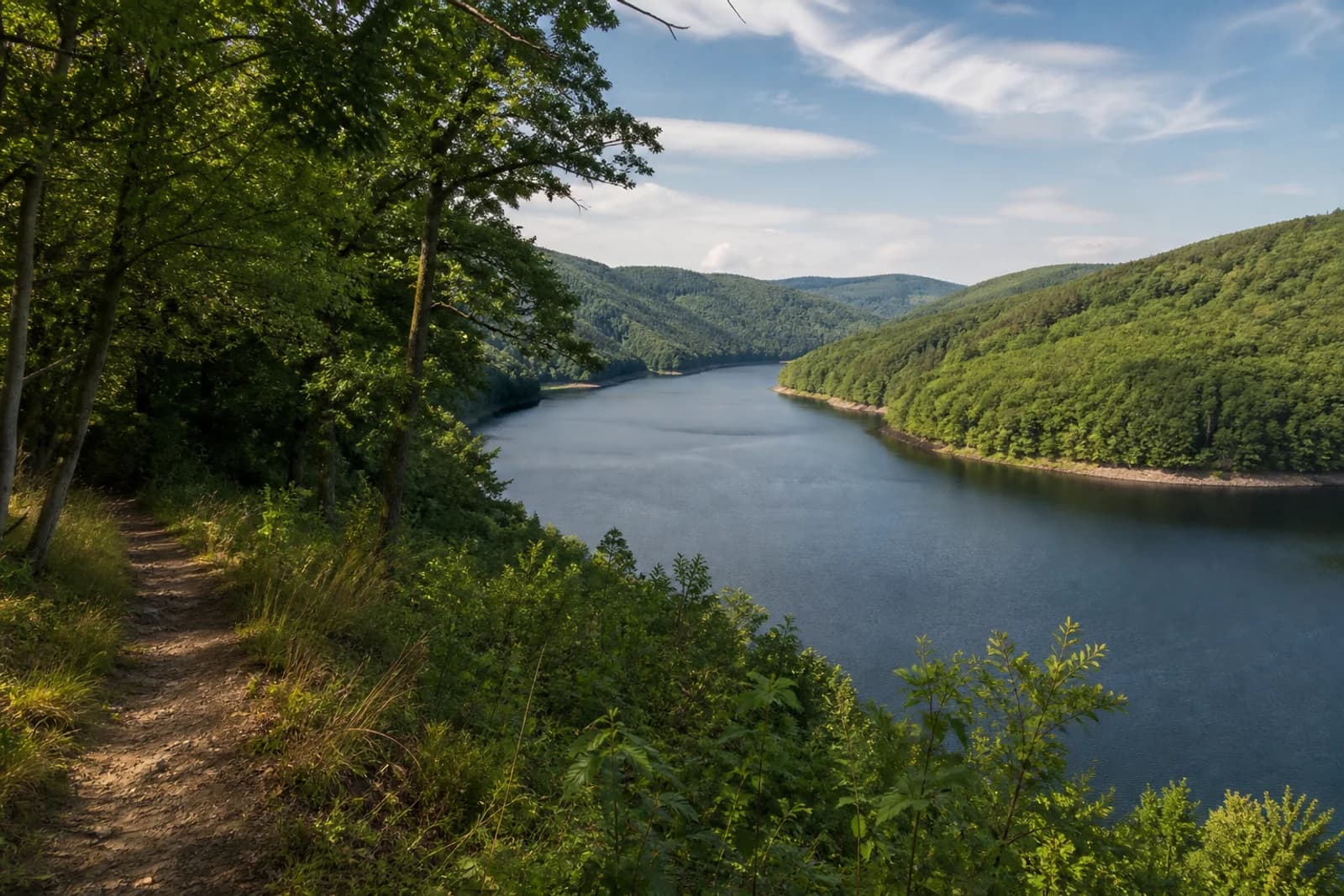 Waldpfad über dem Rursee in der NRW-Eifel mit bewaldeten, sanften Höhen