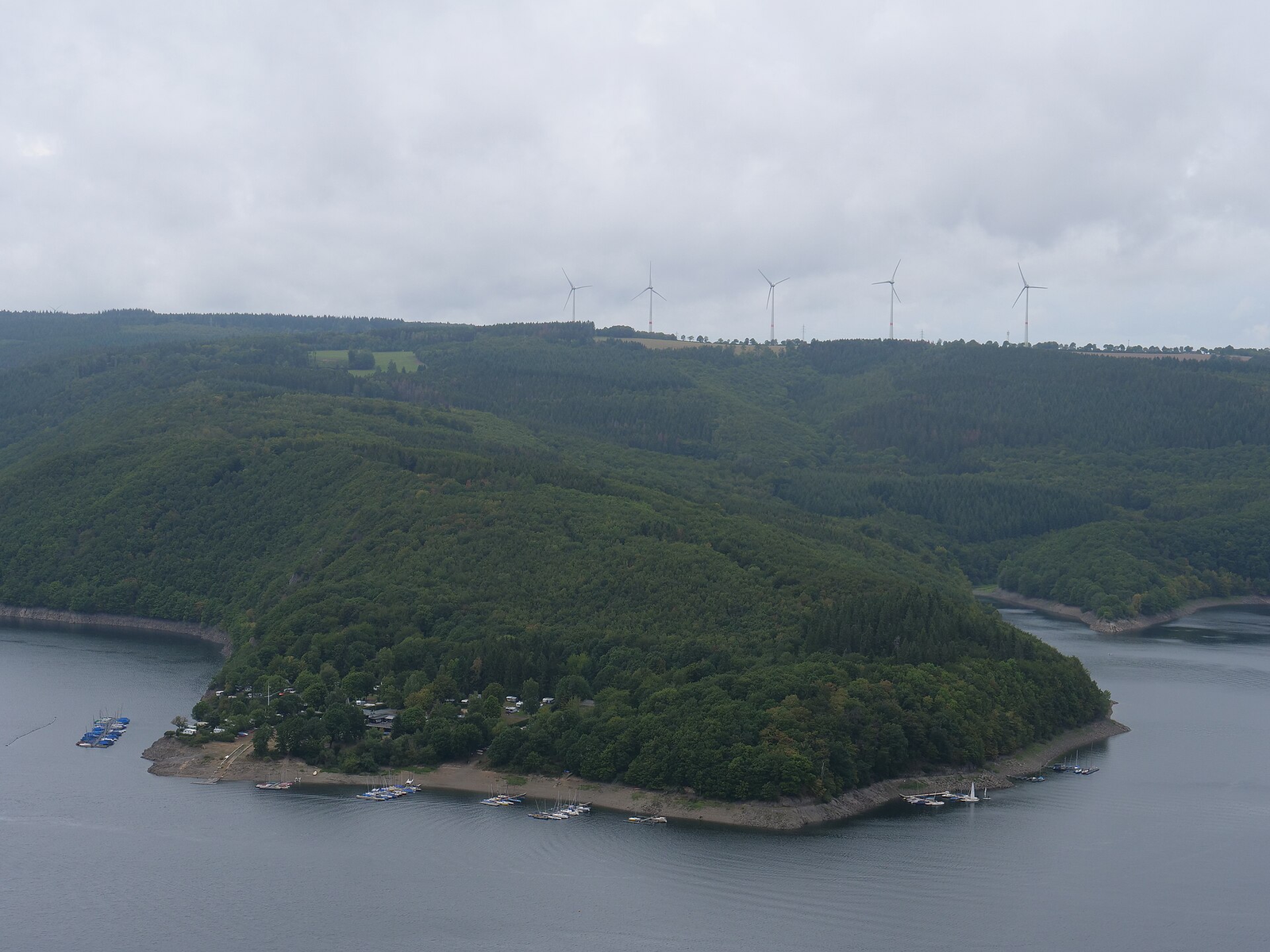 Blick vom Aussichtspunkt Hirschley auf eine bewaldete Halbinsel im Rursee mit Bootsstegen, dahinter bewaldete Höhen