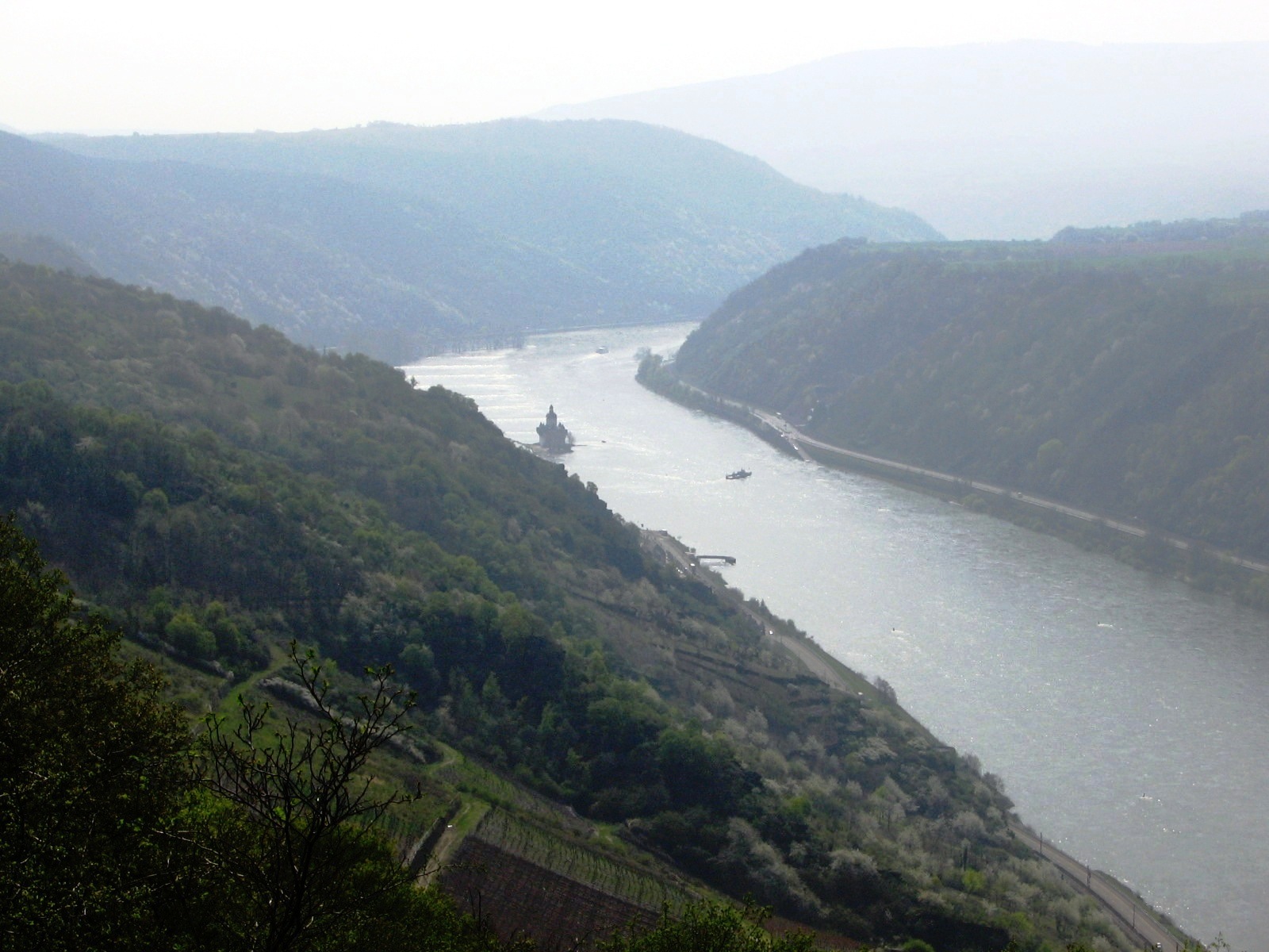 Blick von oben in das dunstige Rheintal mit steilen Wald- und Weinberghängen; im Fluss die Burg Pfalzgrafenstein und eine Fähre