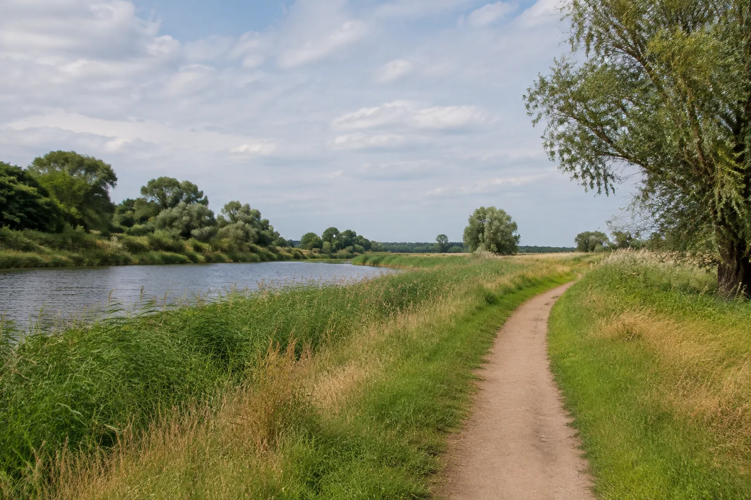 Havelland: weiter Uferweg zwischen Wiesen und Havelgewässern