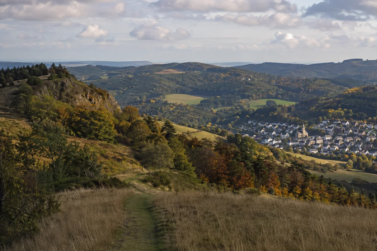 Hohe Acht: bewaldeter Höhenzug mit Aussichtsturm in der Ferne