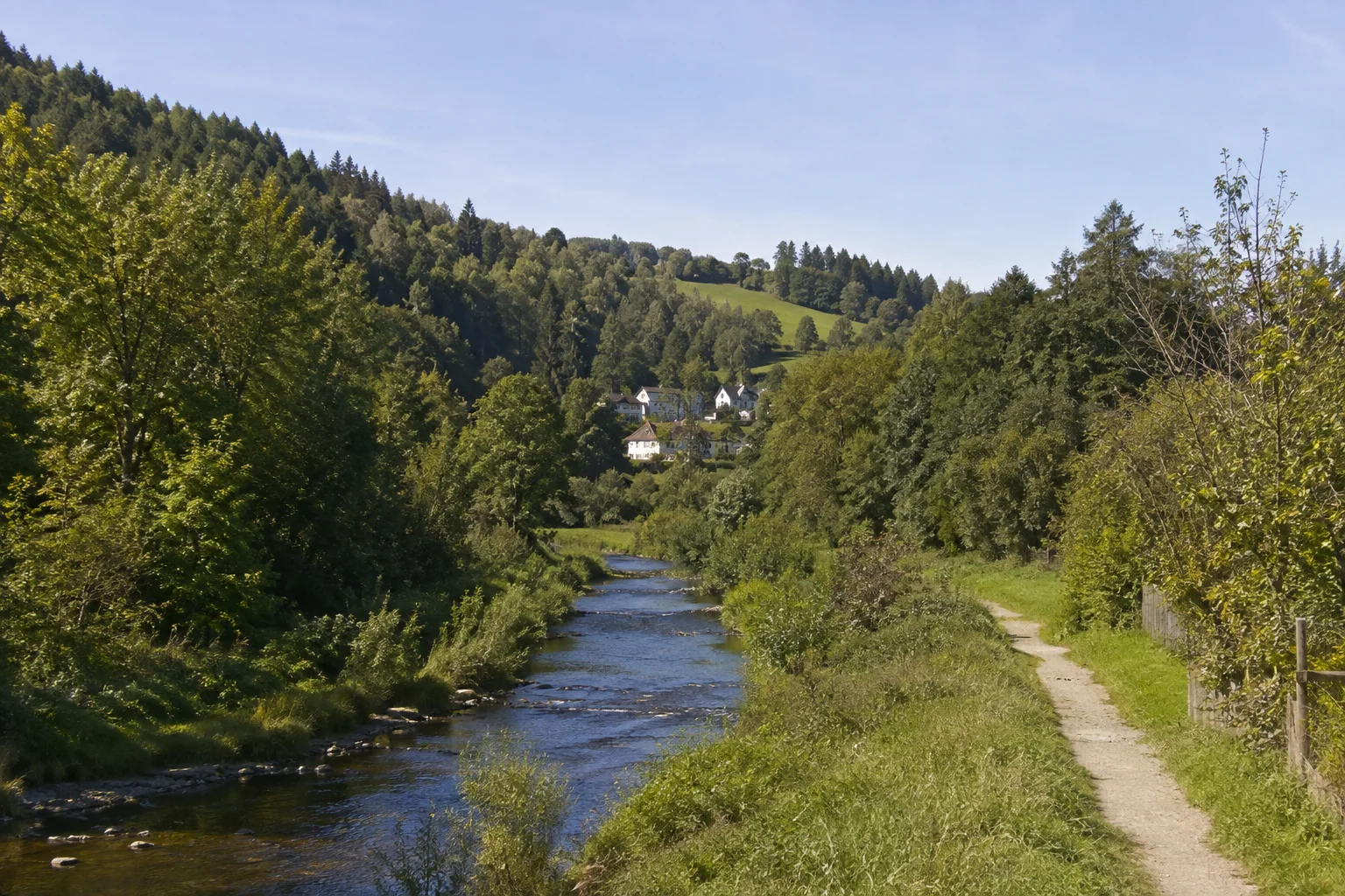 Adorf/Vogtland: Adorf/Vogtland: Adorfer Elstertal: kleiner Fluss mit Ufergrün unter niedrigen bewaldeten Hängen