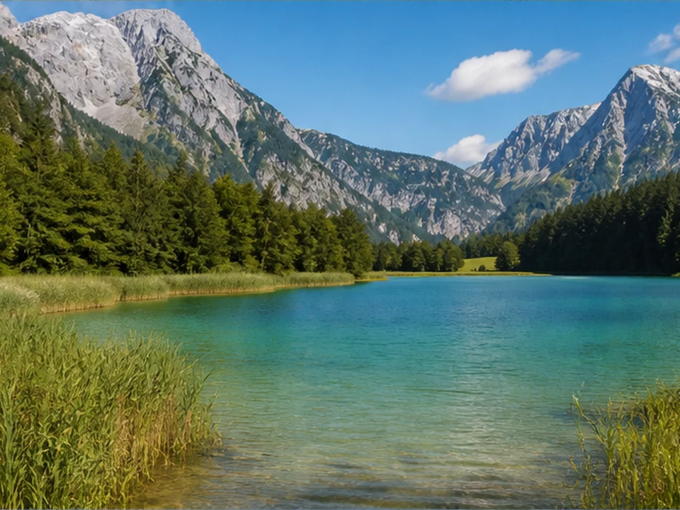 Allgäuer Seen: Schilfufer und klares Voralpenwasser vor Kalkbergen