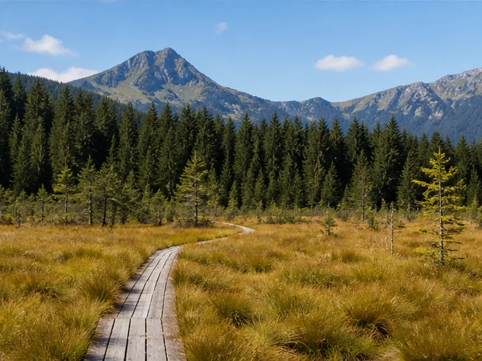 Moor und Wald: stiller Bohlenweg zwischen Moorgras und Fichten