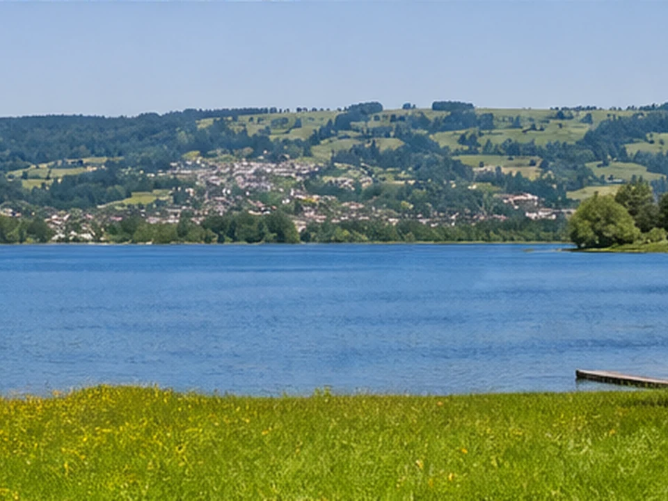 Bühl am Alpsee: Seewiese und kleines Bootshaus vor grünen Höhen