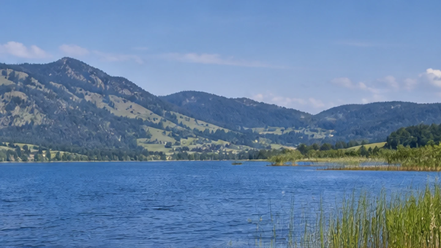 Großer Alpsee: Großer Alpsee: breites blaues Wasser mit Schilf und Nagelfluhbergen