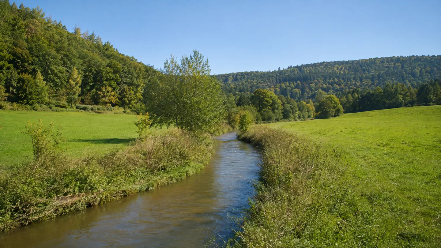 Altdorf bei Nürnberg: Altdorf Bahnhof: Schwarzachtal bei Rasch: Schmaler Flusslauf der Schwarzach bei Rasch, Wiesen und niedrige bewaldete Hänge im Altdorfer Land.