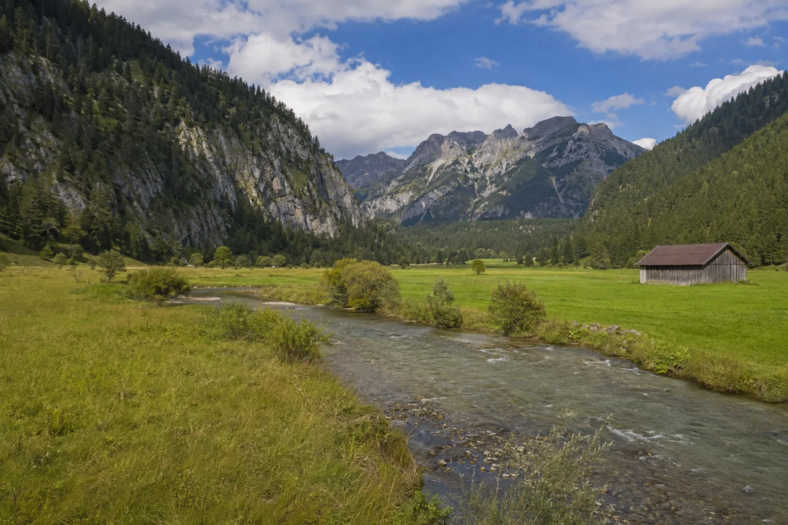 Graswangtal: stilles Wiesental mit Bergwald und schroffen Gipfeln