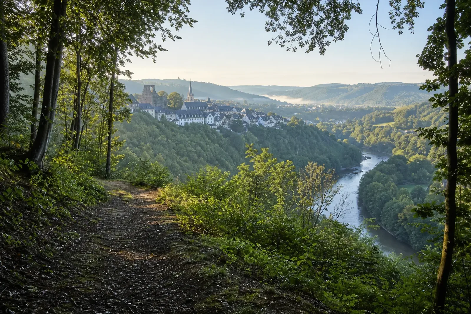 Waldpfad am Schlossberg mit Blick über Ruhrtal und Altstadt von Arnsberg