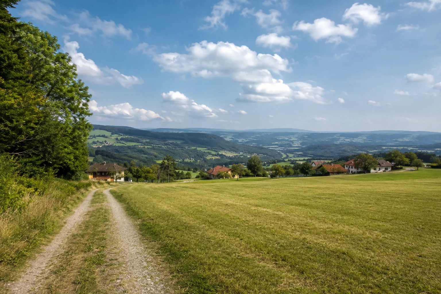 Haibühler Hang: Feldweg an gemähter Wiese mit wenigen Dorfhäusern und weitem Talblick.