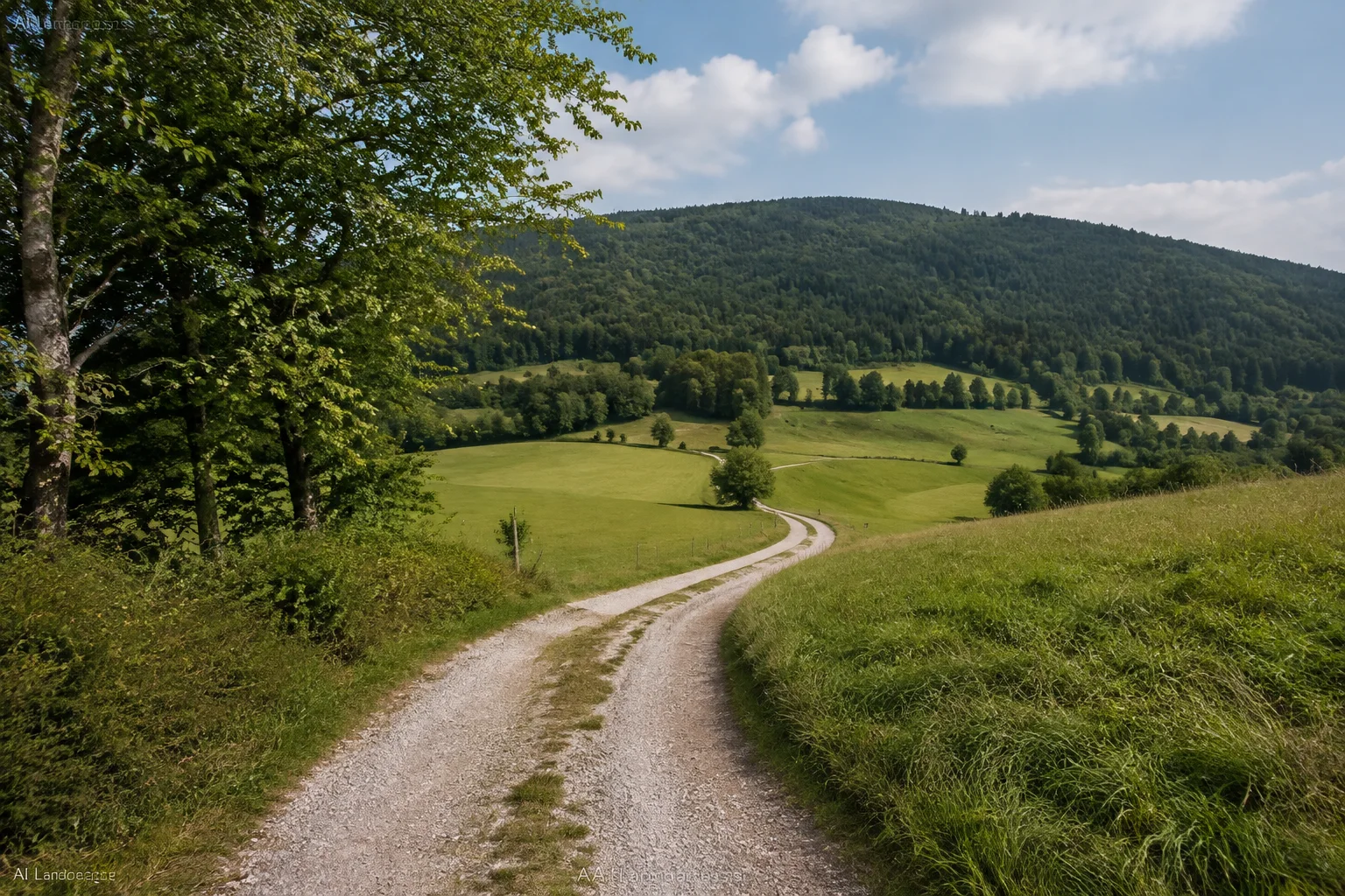 Kummersdorfer Fluren: gewundener Wirtschaftsweg durch offene Wiesen am sanft bewaldeten Hohenbogenfuß.