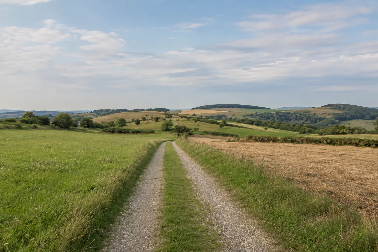 Arzfeld: Arzfelder Hochfläche: breiter Feldweg zwischen grünen Wiesen und geernteten Feldern mit niedrigen Hecken und sanften Islekkuppen.