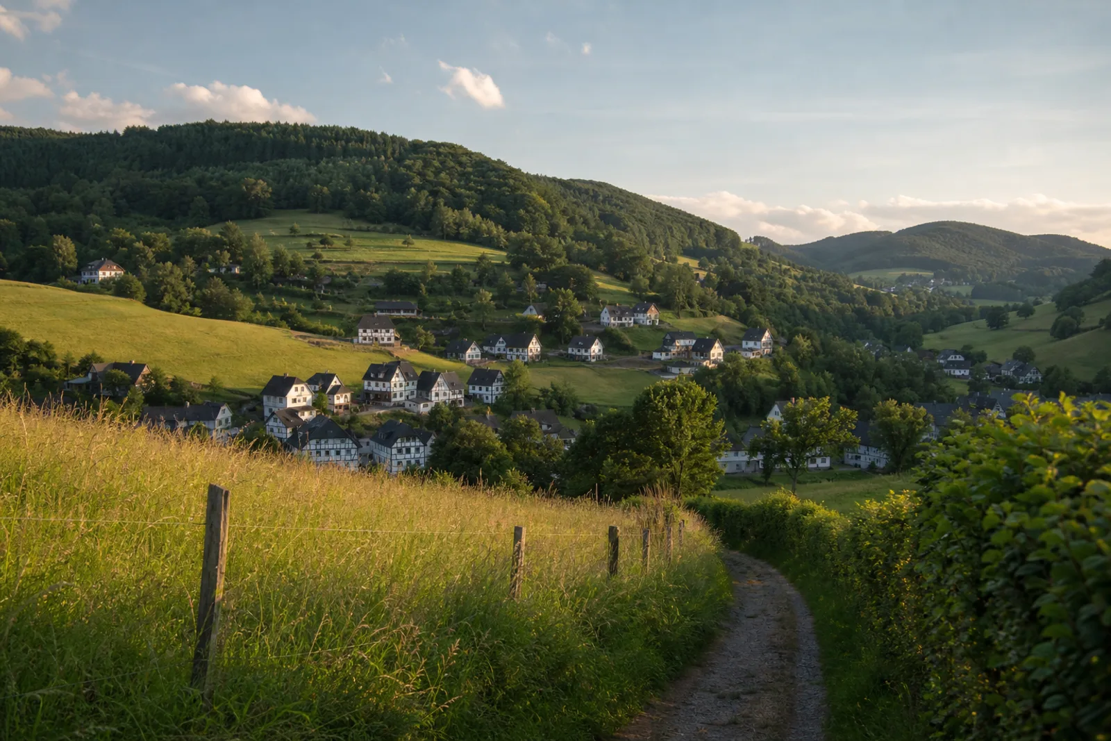 Feldweg durch Wiesen und Fachwerkdörfer im Repetal bei Attendorn