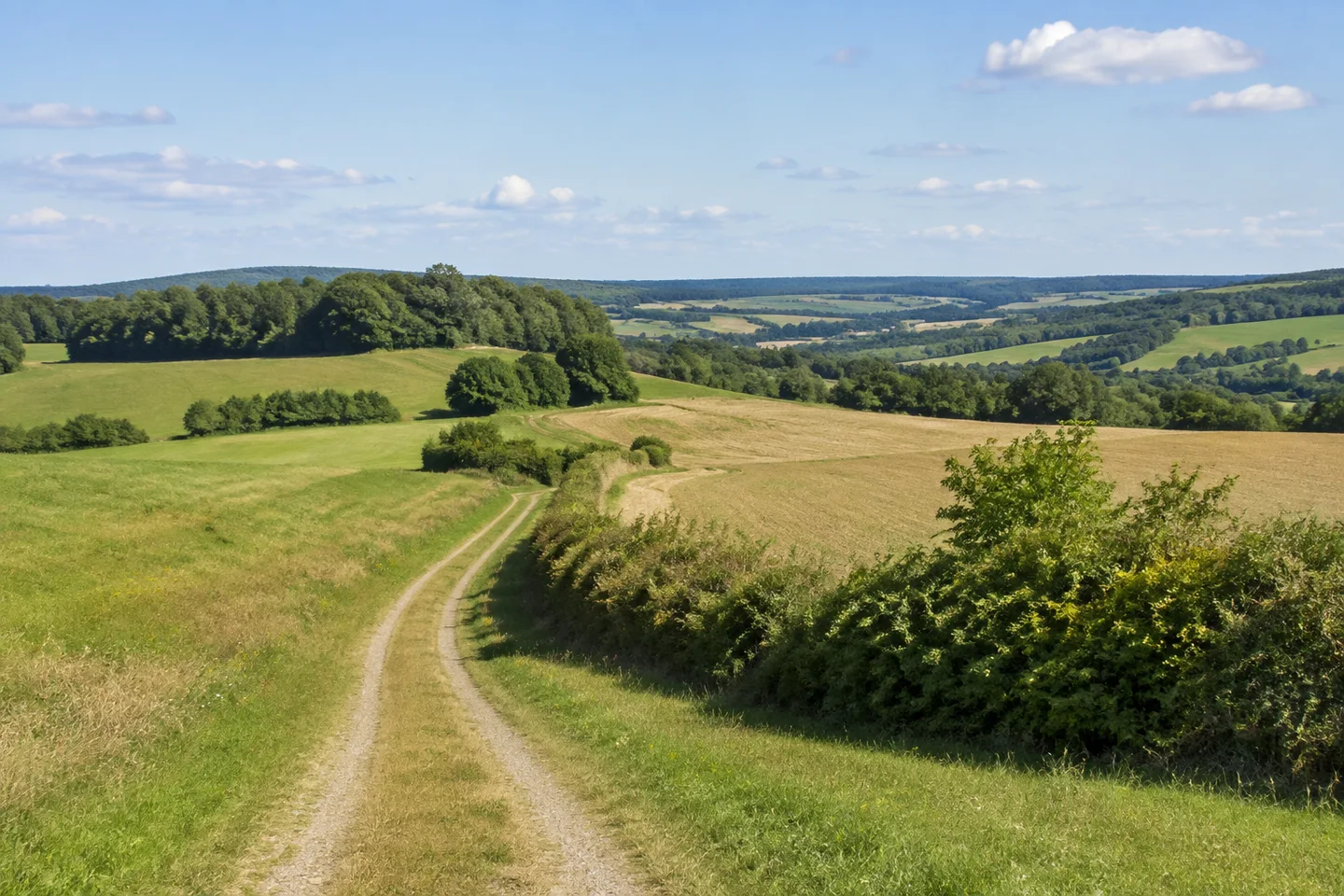 Feldweg auf der Jurahöhe bei Heckenhof, wechselnde Wiesen und Stoppelfelder, Hecken und kleine Laubwaldstücke, weicher abfallender Talrand.