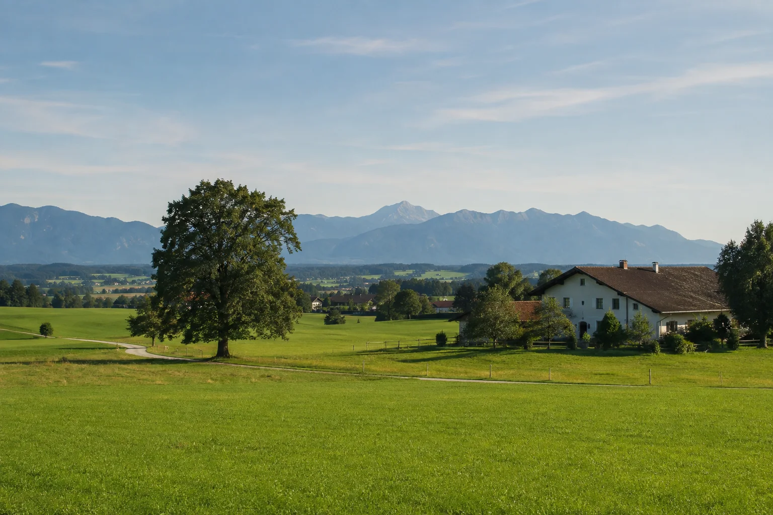 Berbling: oberbayerische Wiesen mit verstreuten Höfen und fernem Wendelsteinmassiv