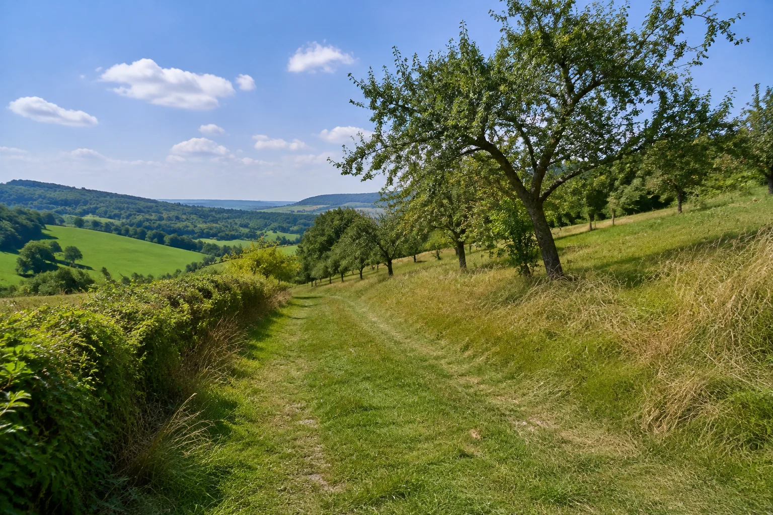 Aschacher Obstwiesen: naturbelassener Weg zwischen alten Obstbäumen und niedrigen Hecken am grünen Hang.