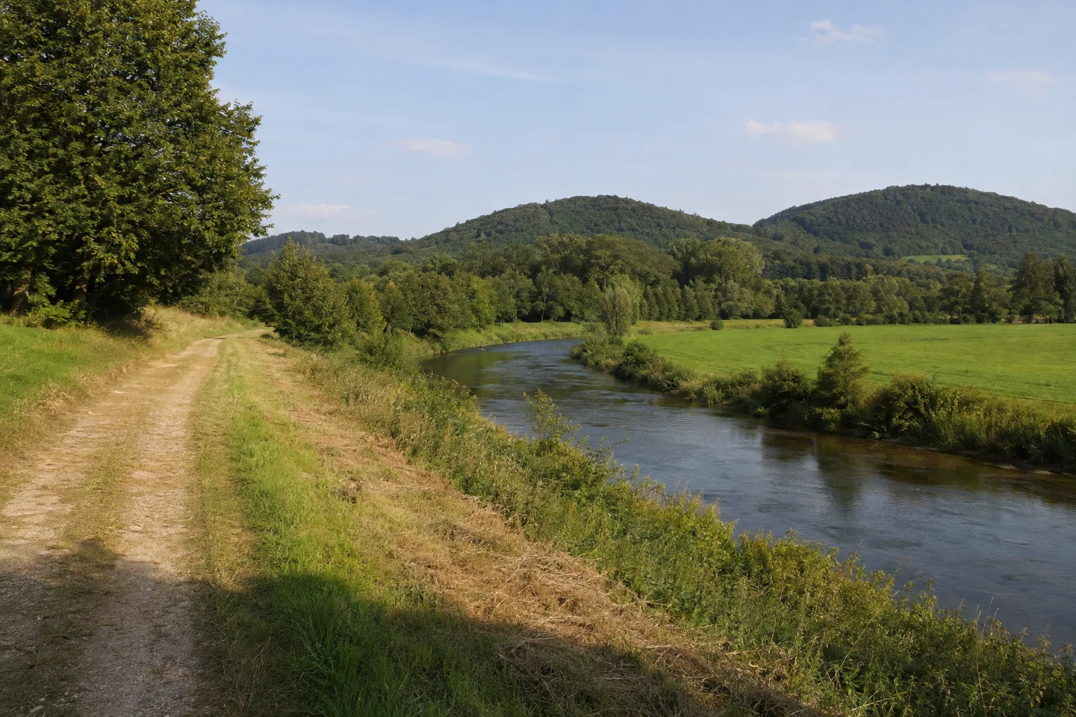 Großenbracher Saaleschleife: weiter Wiesentalbogen mit Uferbäumen, leicht erhöhter Feldweg und niedrige runde Waldhügel.