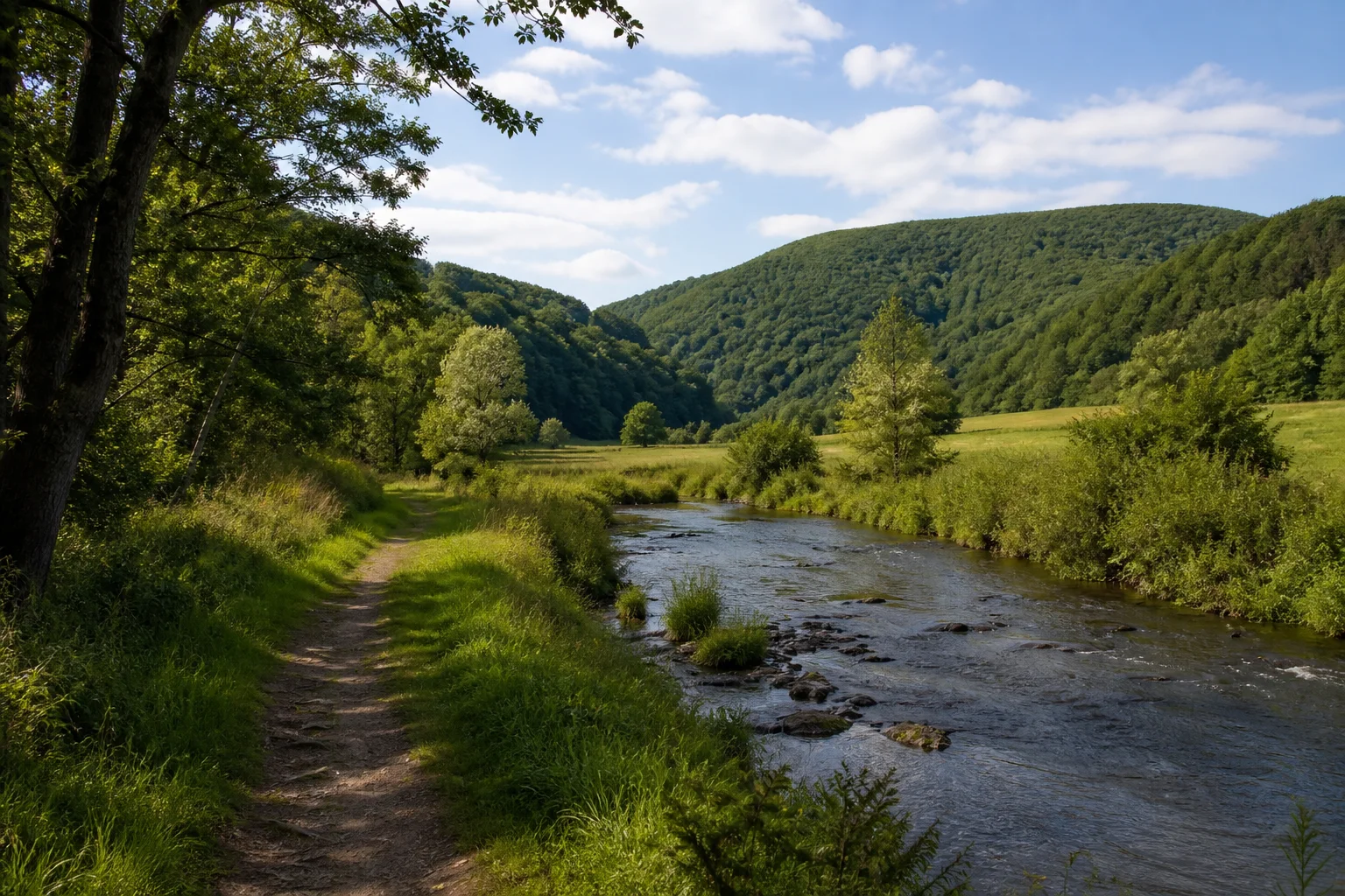 Bad Brückenau: Sinntal bei Bad Brückenau: kleiner Fluss in grüner Aue zwischen rundlichen dicht bewaldeten Hügeln, normaler Talweg.