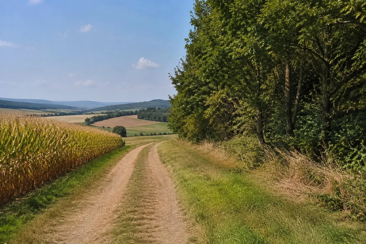 Balhorn: offener landwirtschaftlicher Weg zwischen Äckern und Laubwaldsaum