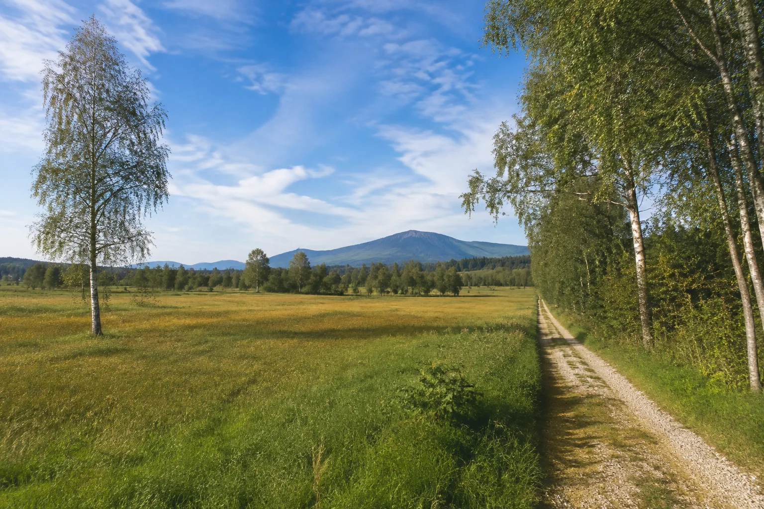 Dettendorfer Vorland: flache Moorwiesen, Birken und schmaler bestehender Feldweg