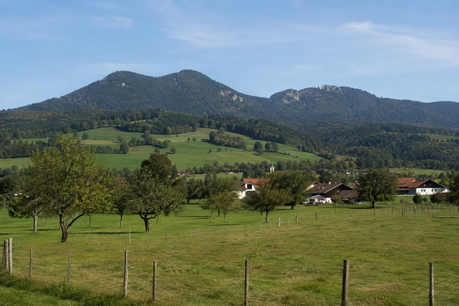 Bad Feilnbach: Bad Feilnbach: Streuobstwiesen am grünen Wendelsteinfuß mit bewaldeten Bergflanken