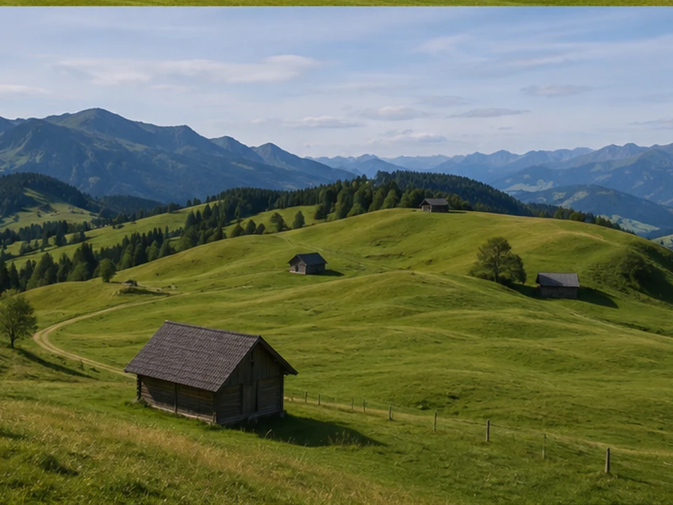 Oberjoch: weite Passwiesen mit einzelnen Alphütten