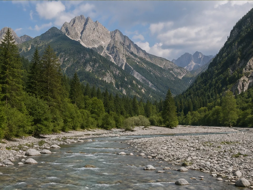Vorderhindelang: Flussnahe Wiesen am Eingang des Bergtals