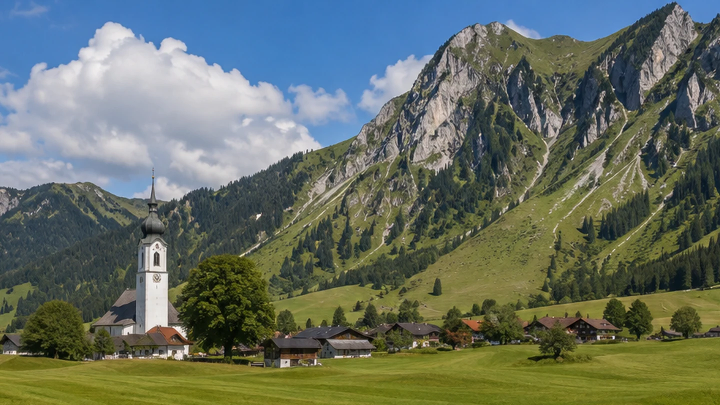 Bad Hindelang: Bad Hindelang: Ostrachtal: Dorf und Wiesen unter steilen Gras- und Kalkbergen