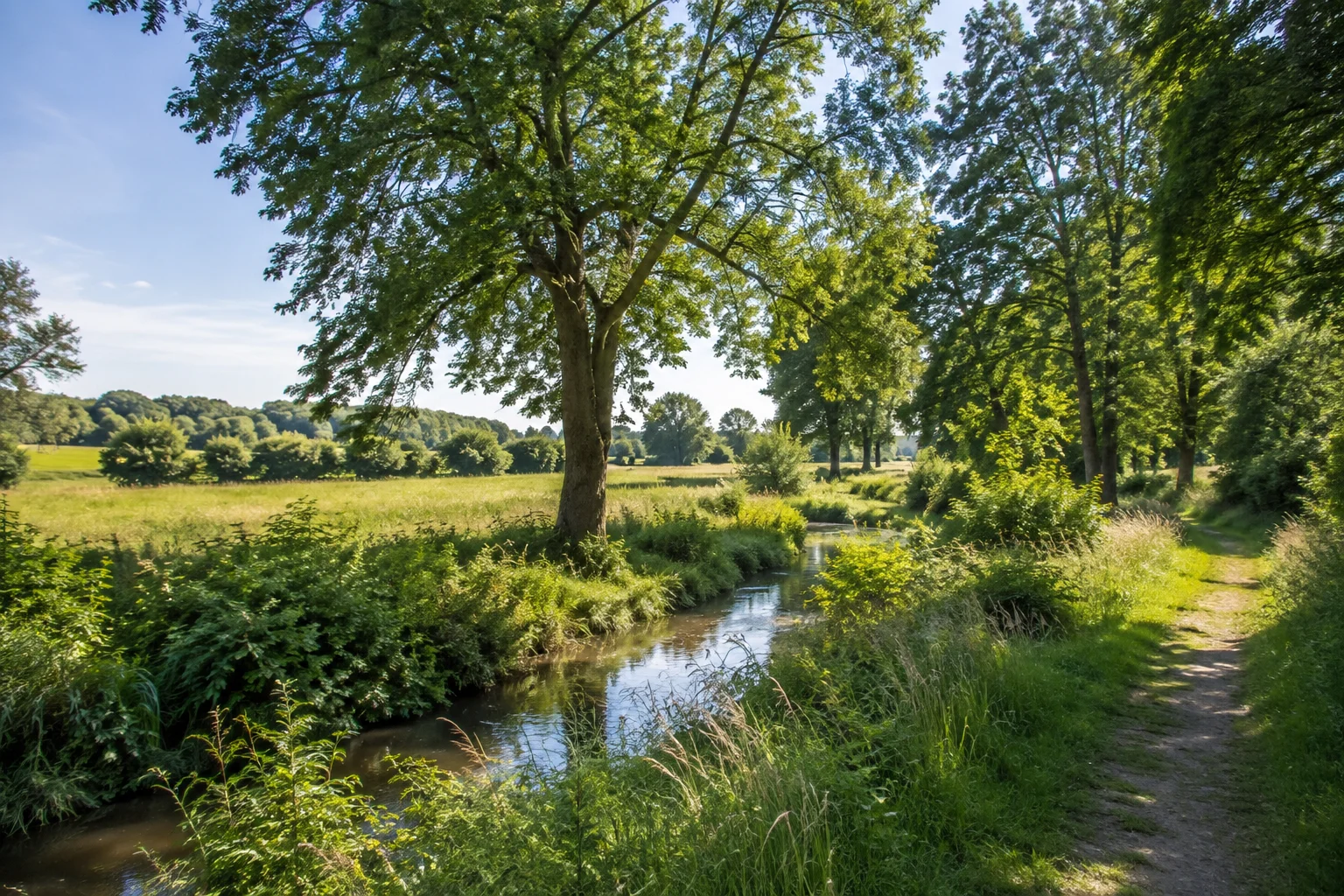 Flache Glaner Bachlandschaft mit Wiesen, Hecken und altem Laubbaumbestand