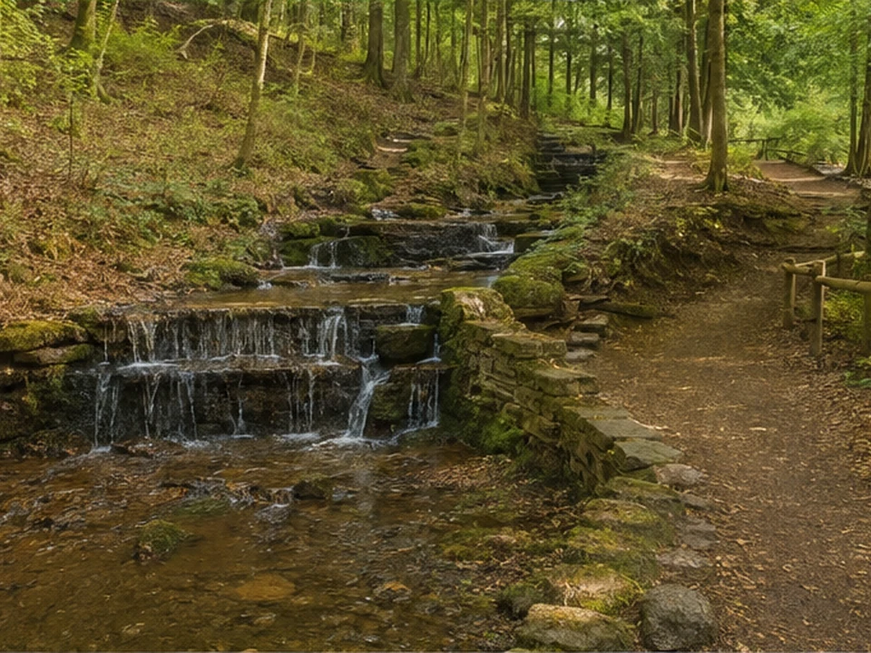 Kaskadental: Waldtal mit historischen Bachkaskaden