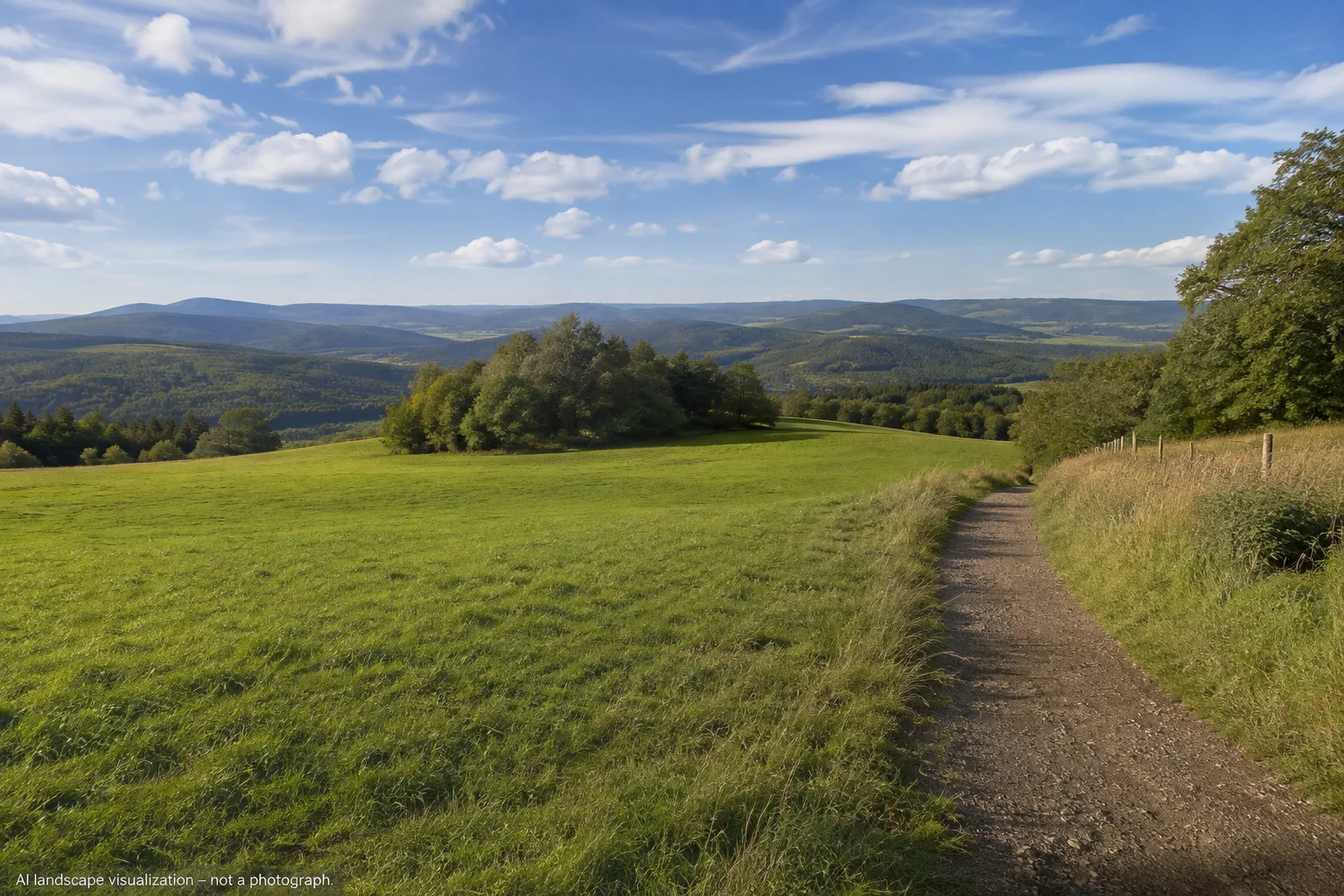 Wettzeller Höhen: weite Wiesen auf sanftem Rücken mit kleinen Waldgruppen.