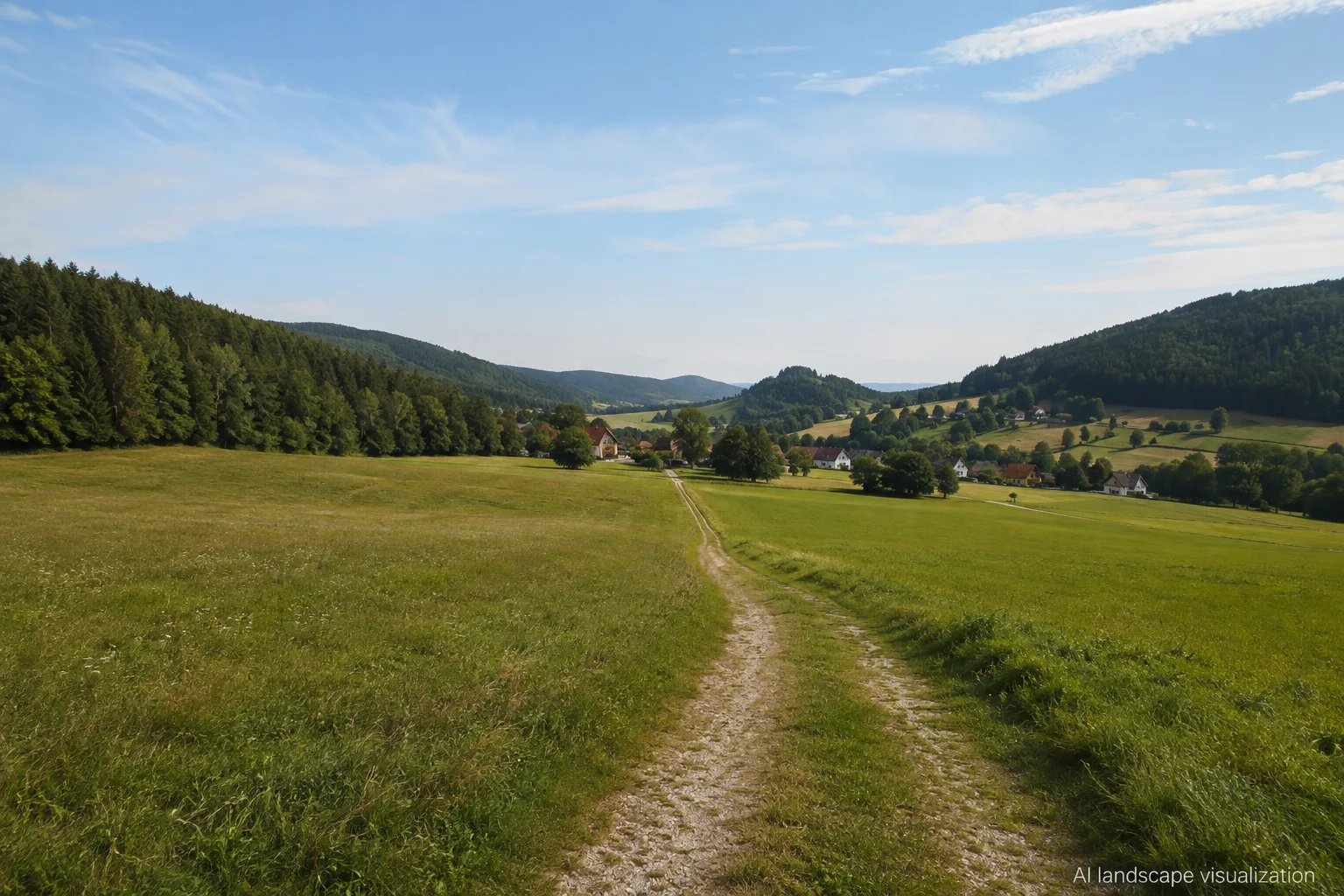 Steinbühler Mulde: schmaler Feldweg durch Wiesen zwischen bewaldeten Bayerwaldhängen, lockere Dorfstruktur.