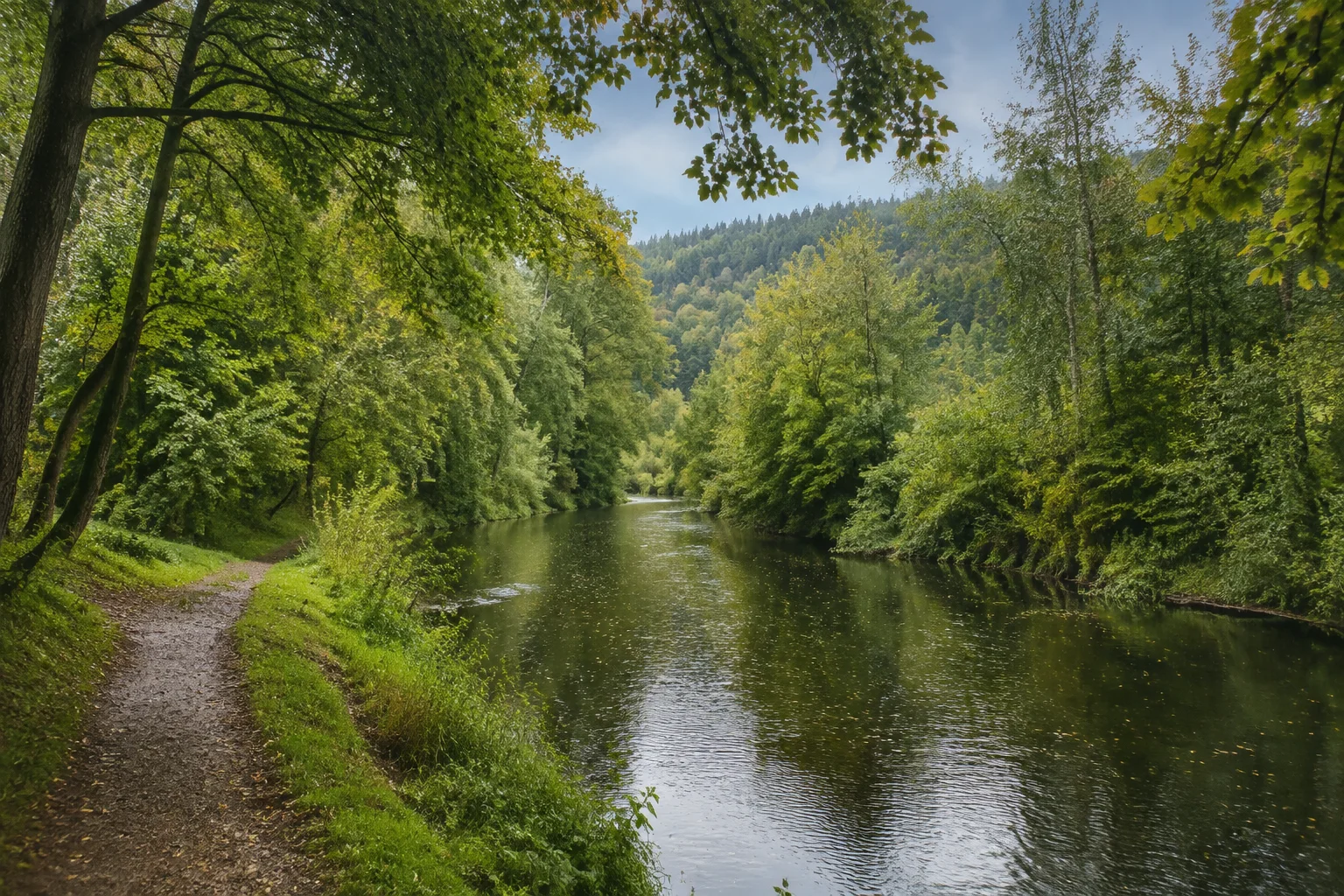 Bad Kötzting: Regen bei Bad Kötzting: ruhiger Fluss unter Laubbäumen am grünen Stadtrand, niedrige Waldhügel.