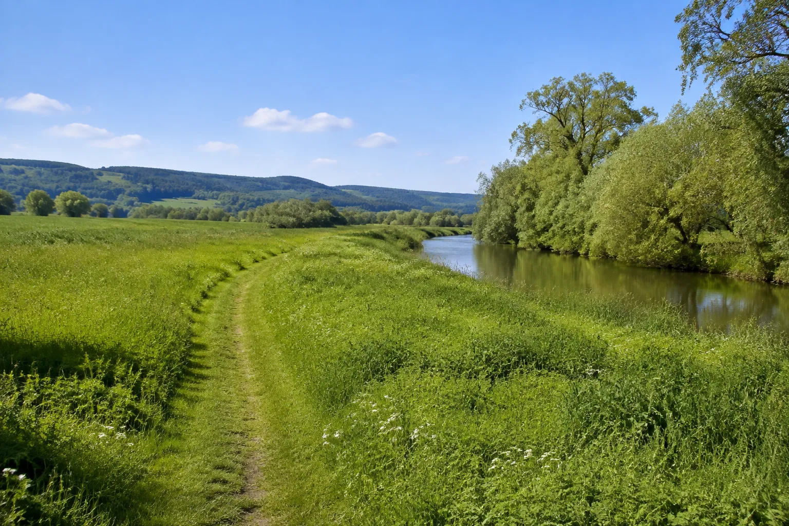 Unstrutaue: offener Wiesenweg an ruhigem Flusslauf