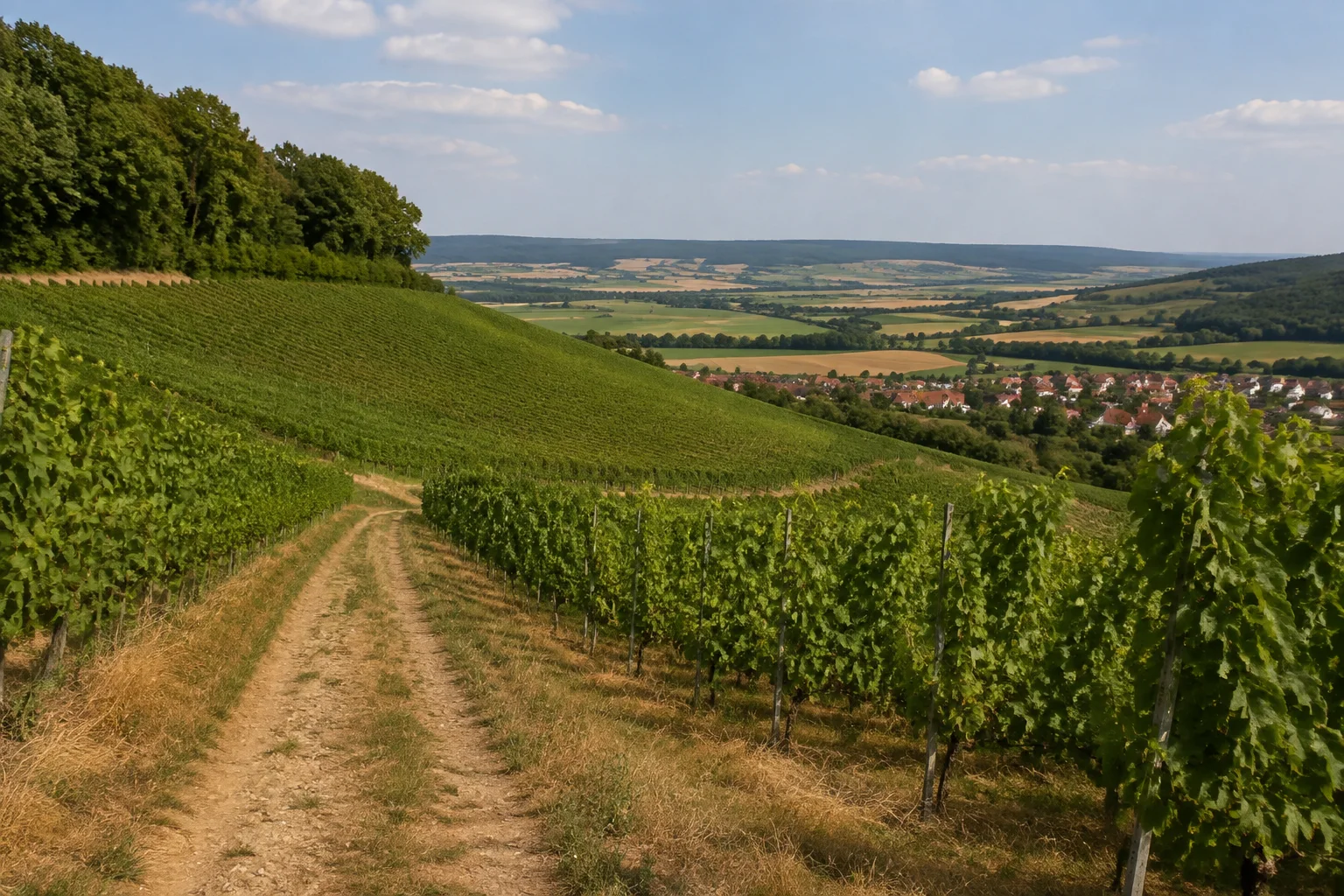 Markelsheimer Rebhänge: Weg durch geordnete Weinberge am sonnigen Hang, Waldsaum oberhalb und einzelne rote Dächer tief im Tal.