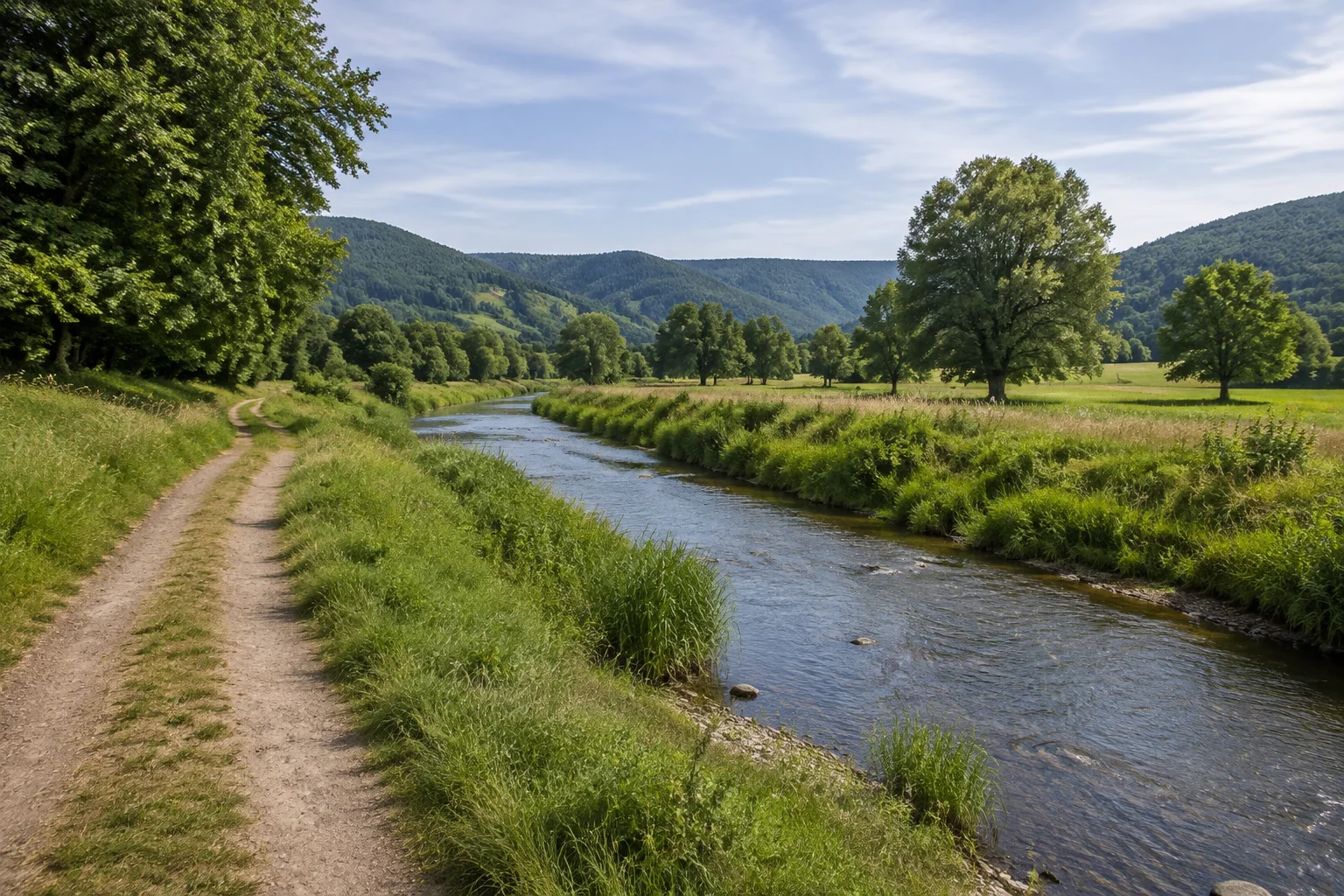 Bad Mergentheim: Taubertal bei Bad Mergentheim: kleiner Fluss mit grünen Uferwiesen und Baumreihen vor sanften niedrigen Hügeln.