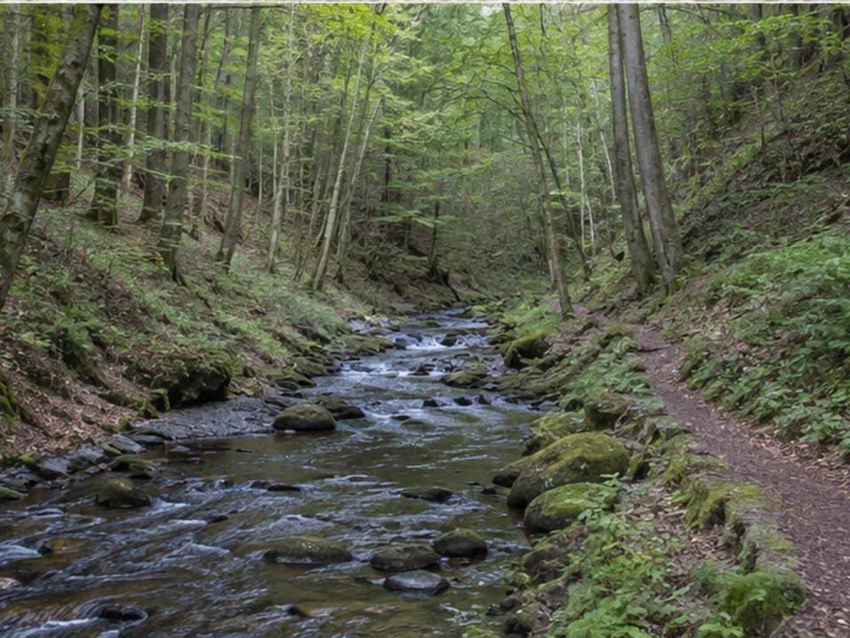 Schellental: schattiges Kerbtal mit Bach und Waldpfad