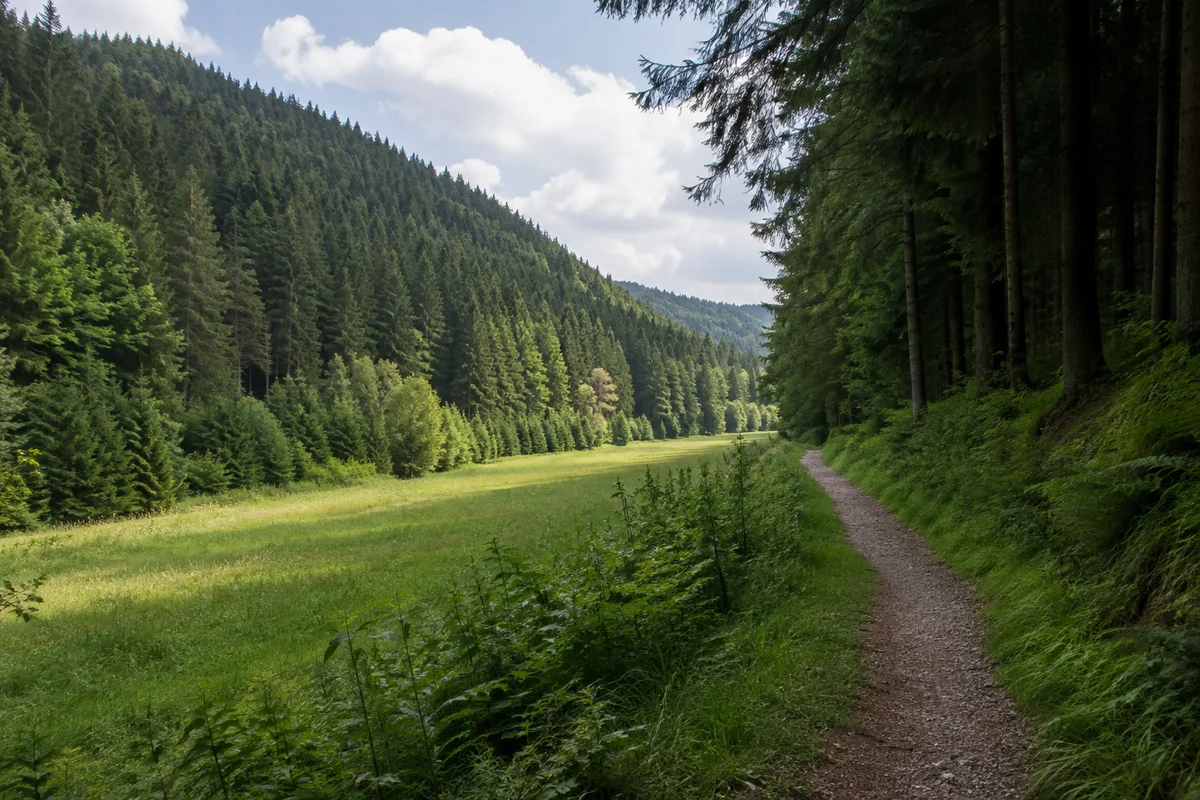 Nördlicher Wolftalabschnitt mit dunklem Nadelwald und schmalen Wiesen.
