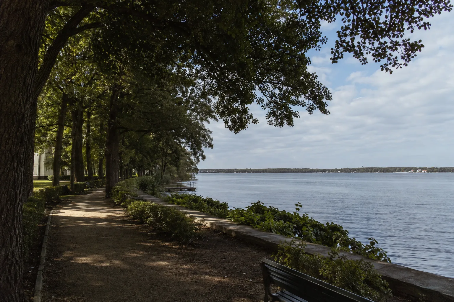 Bad Saarow: Bad Saarow: Kurpark und Nordufer: Baumbestandene Promenade und flacher Blick über den Scharmützelsee