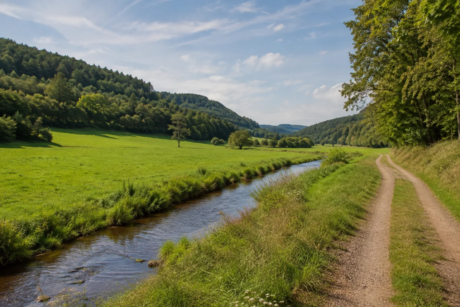Bad Soden-Salmünster: Bad Soden: Jossatal bei Mernes: kleiner Fluss durch breite grüne Wiesen zwischen bewaldeten Spessarthügeln, Feldweg am Talrand.