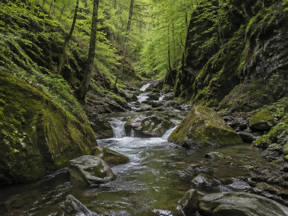 Höllental: felsiger Bachgrund im dichten Mischwald