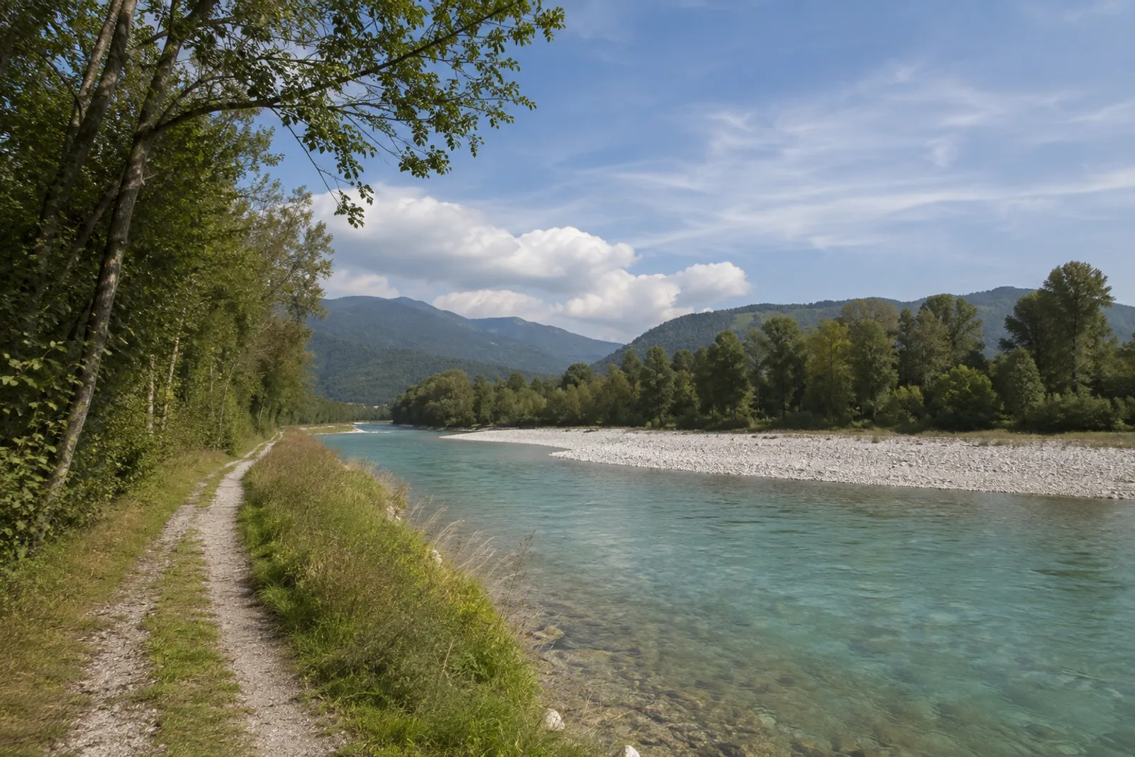 Isarauen: türkiser Fluss zwischen hellen Kiesbänken und Auwald