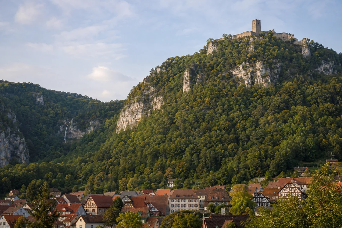 Bad Urach: Maisental Bad Urach: Bad Urach: Fachwerkstadt unter bewaldeten Kalkhängen und Burgruine Hohenurach
