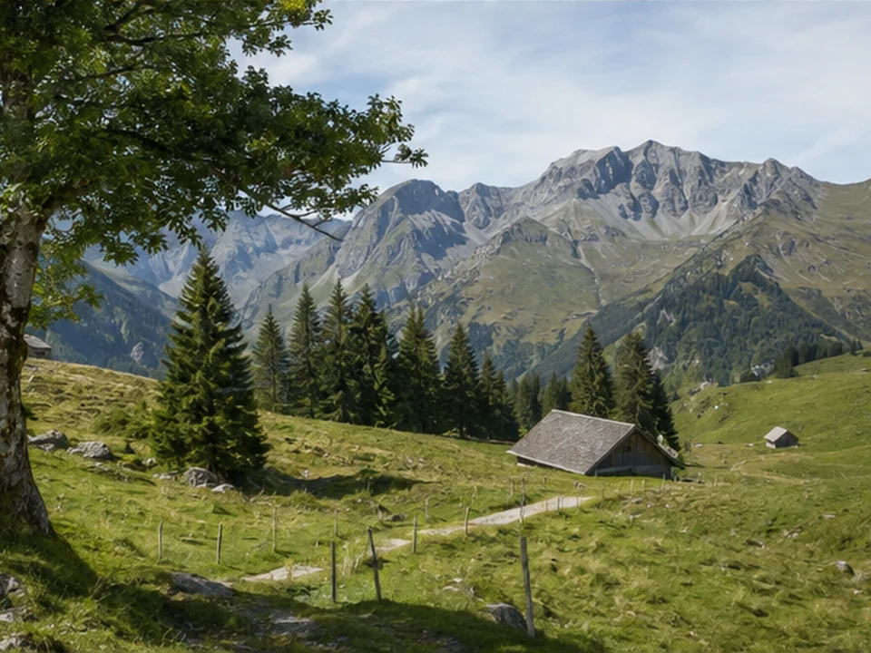 Schlipfhalden: alte Bergahorne und Hütten am Talrand
