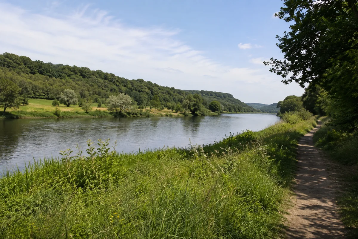Guntershausen: breite ruhige Fulda mit Wiesen und bewaldeten niedrigen Talhängen