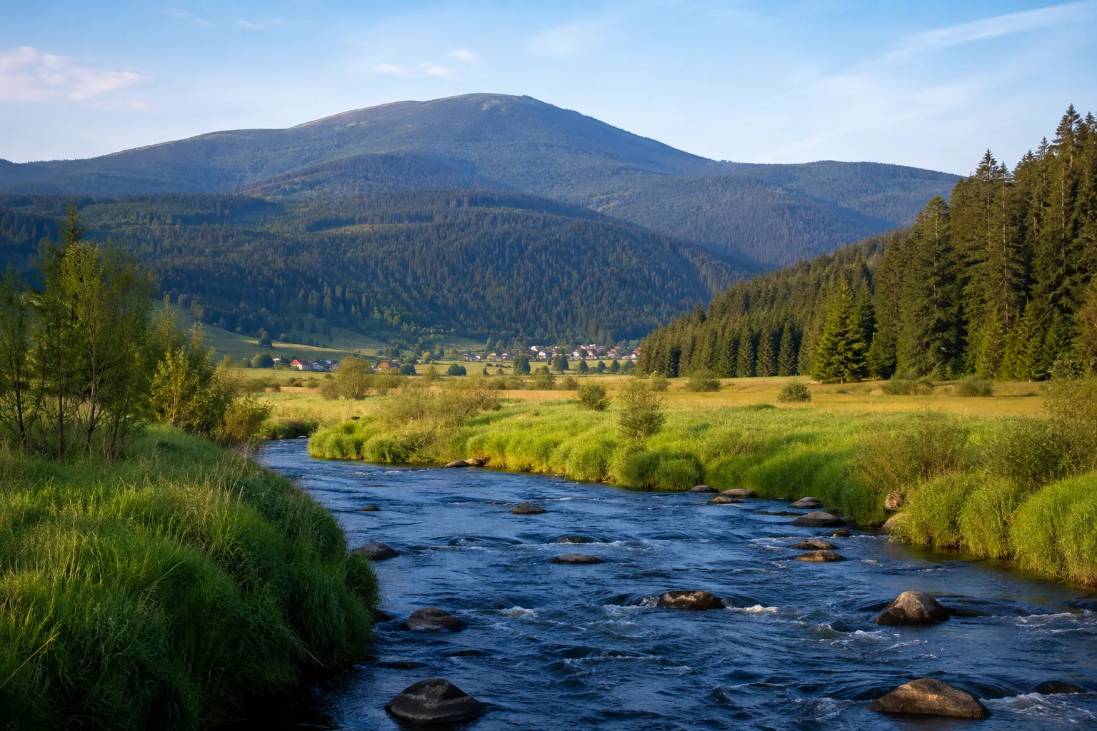 Bayerisch Eisenstein: Bayerisch Eisenstein: Eisensteiner Tal: Großer Regen im bewaldeten Hochtal mit Arbermassiv im Hintergrund