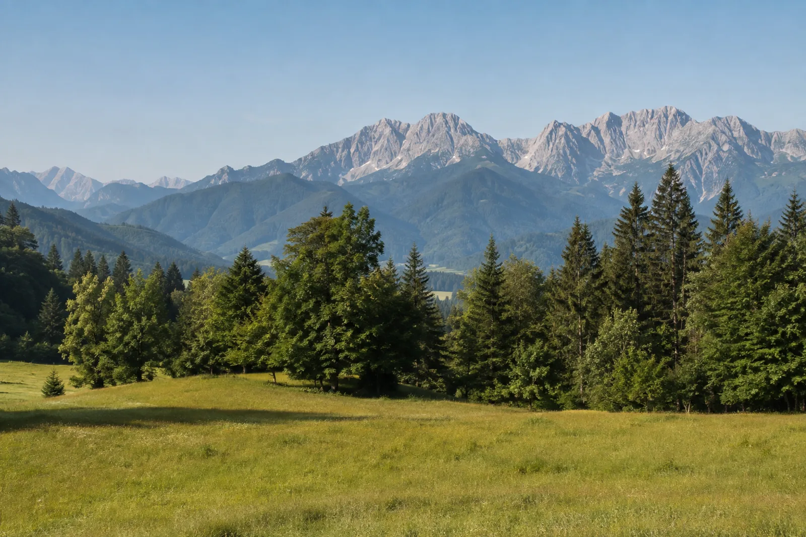 Bayerische Alpen: Bayerische Alpen: Bayerischer Alpenbogen: weite Voralpenwiesen vor einer realistisch gestaffelten Kalkalpenkette
