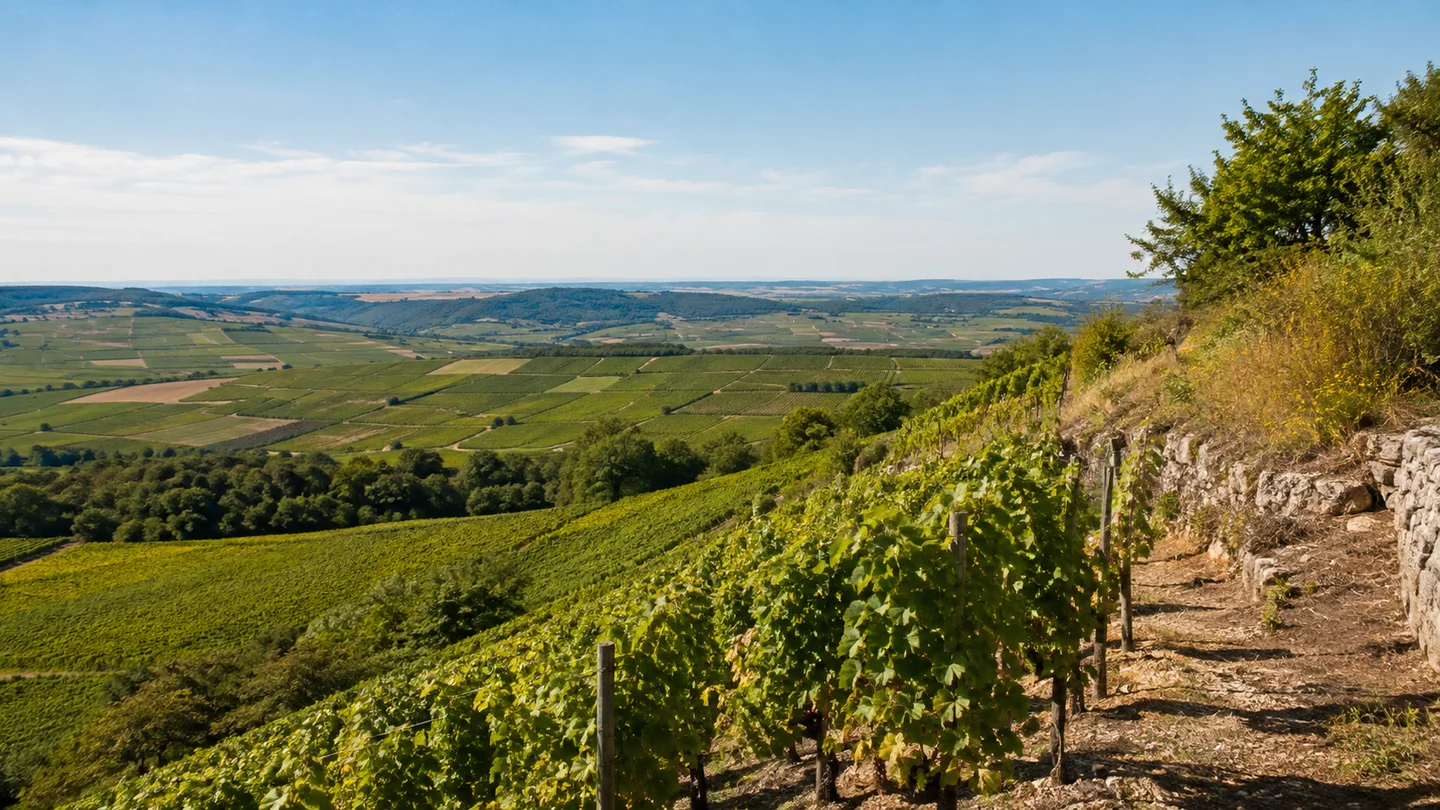Bayern: Würzburg Stein-Wein-Pfad: Mainfränkischer Weinberg: Muschelkalk-Weinberghang am Würzburger Stein mit Blick über niedrige trockene fränkische Höhen, keine Alpen
