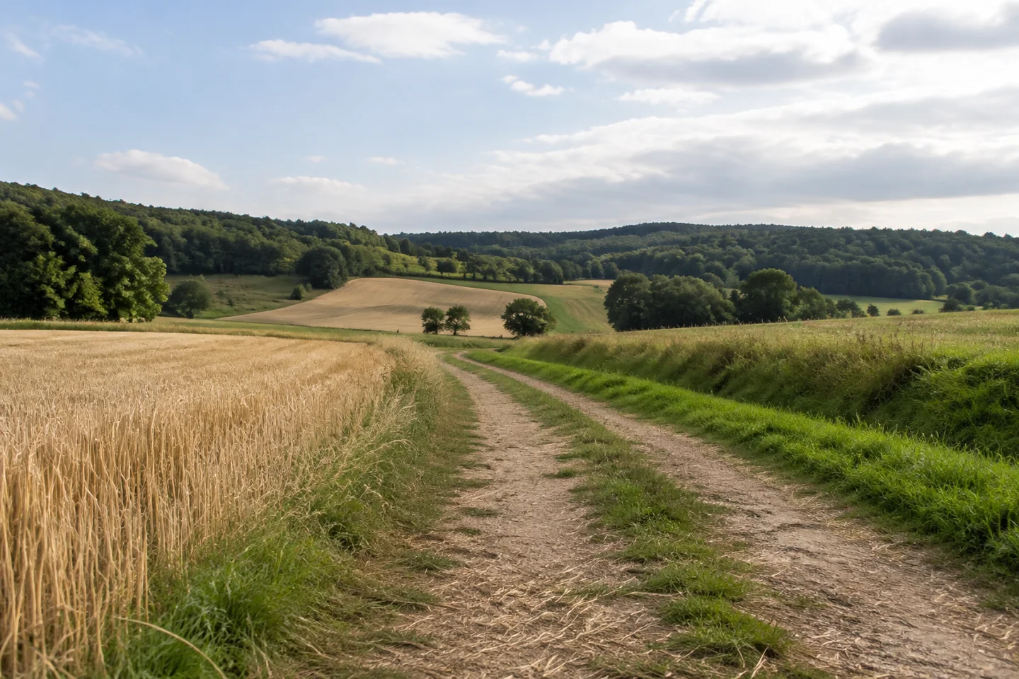 Feldweg bei Aichig am südöstlichen Bayreuther Stadtrand, Getreidestoppeln, grüner Feldrain und sanfte Waldhügel, keine markanten Gebäude.